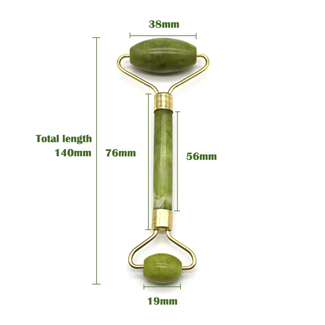 Green jade roller with gold accents and measurements on a white background