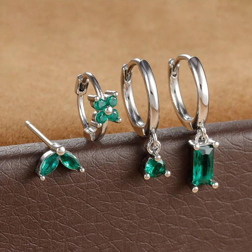 Cubic Zirconia Flower Hoop Earring Studs- 4 Piece