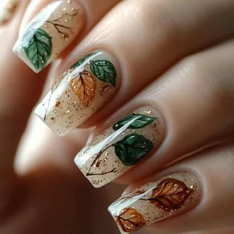 24-Piece Mid-Length Square French Press-On Nails – Autumn theme