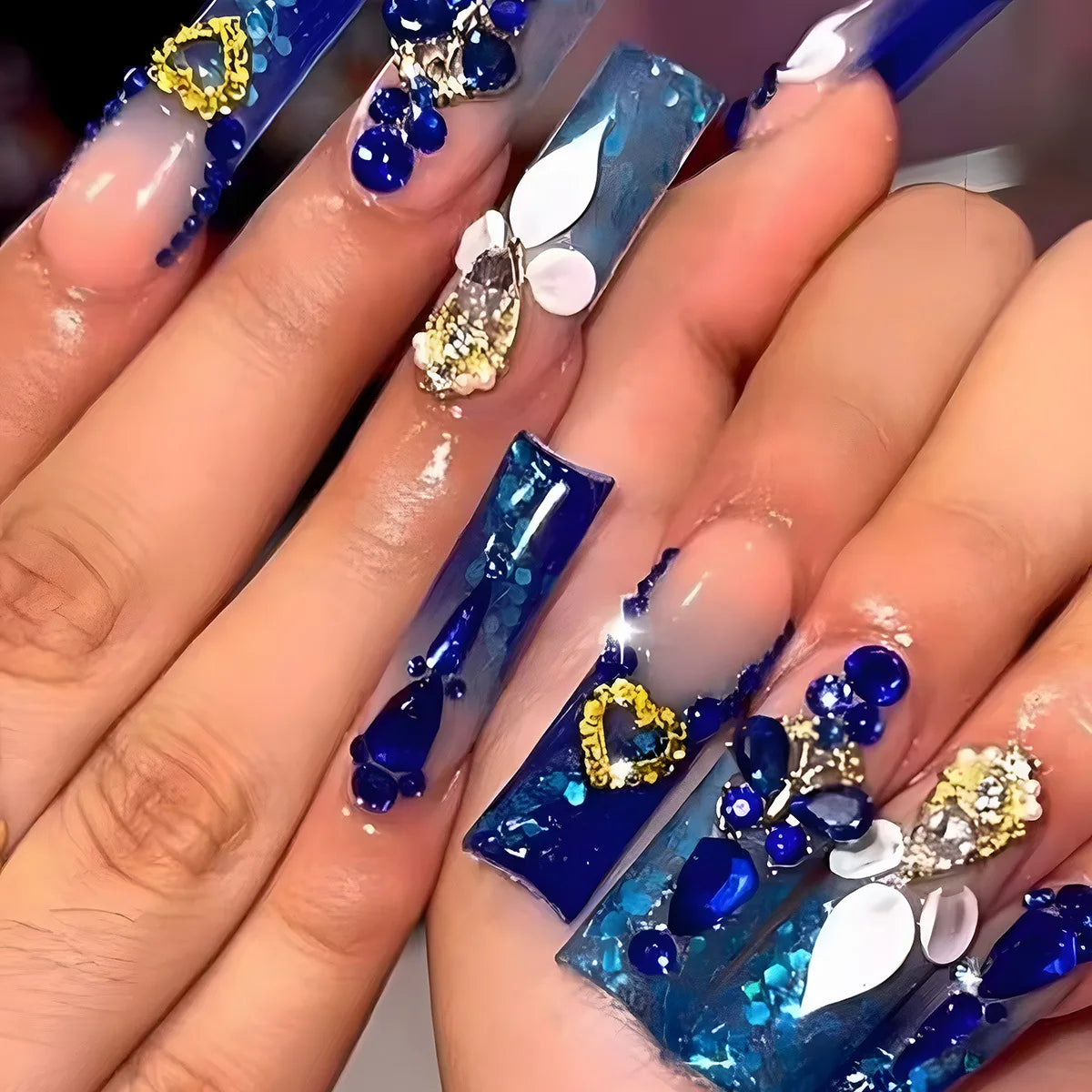 Long Square French Press-On Nails – Blue Leopard & 3D Flower 24-Piece