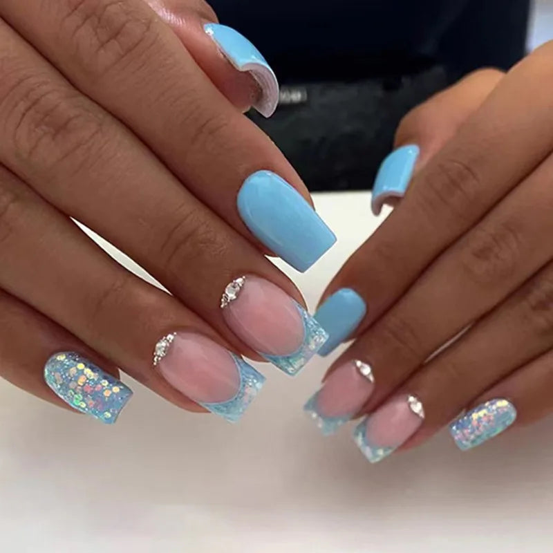 White French 3D Flower Pearl Press-On Square Nails – 24-Piece