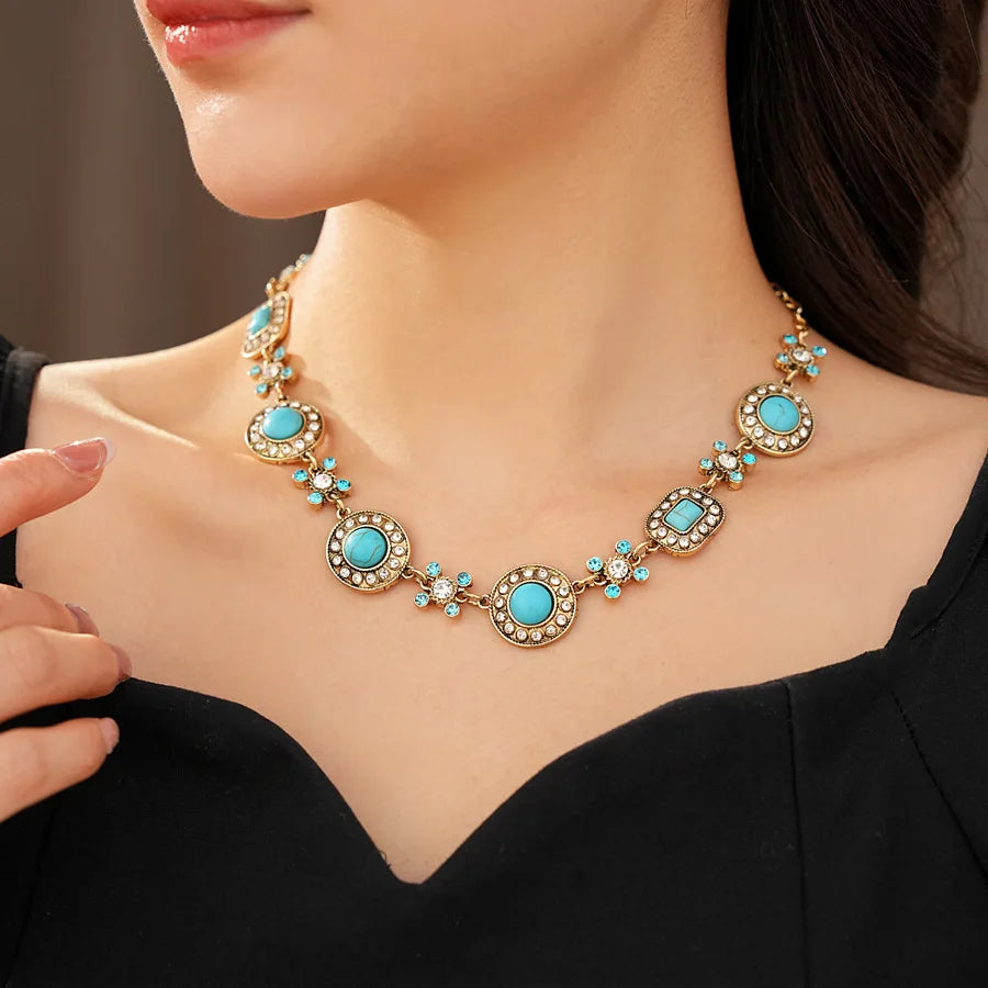 Round Stone Rhinestone Necklace & Earrings