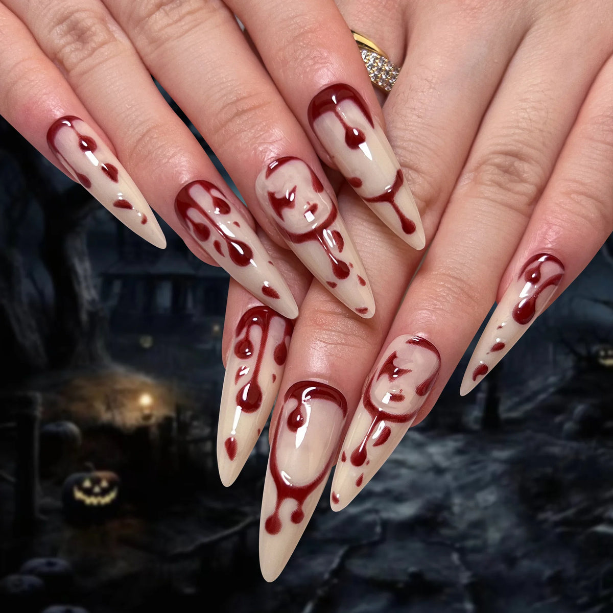 Halloween theme - Long Almond Red Cat’s Eye Press-On Nails – Spider Web Design 24-Piece