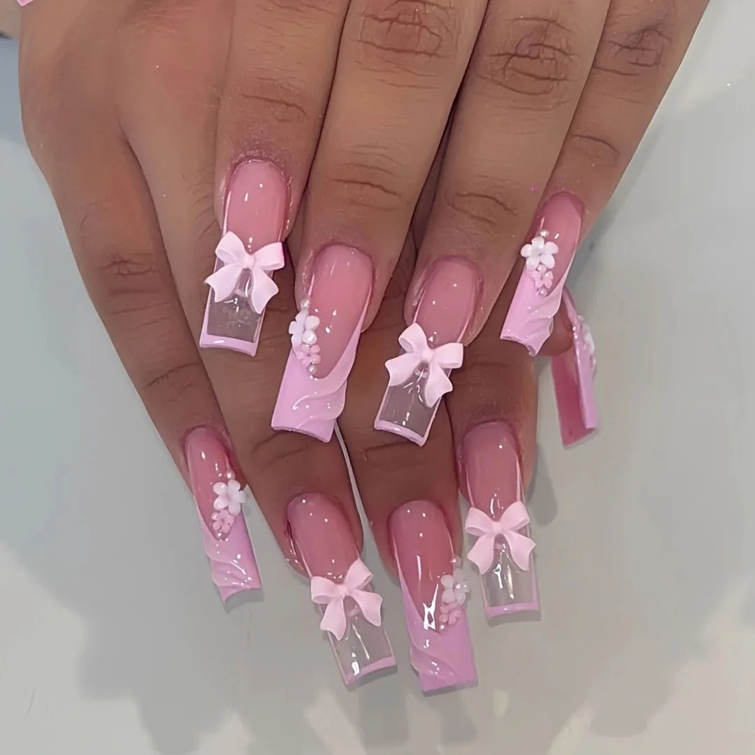 24-Piece Long Square White Edge French Press-On Nails – Full Cover