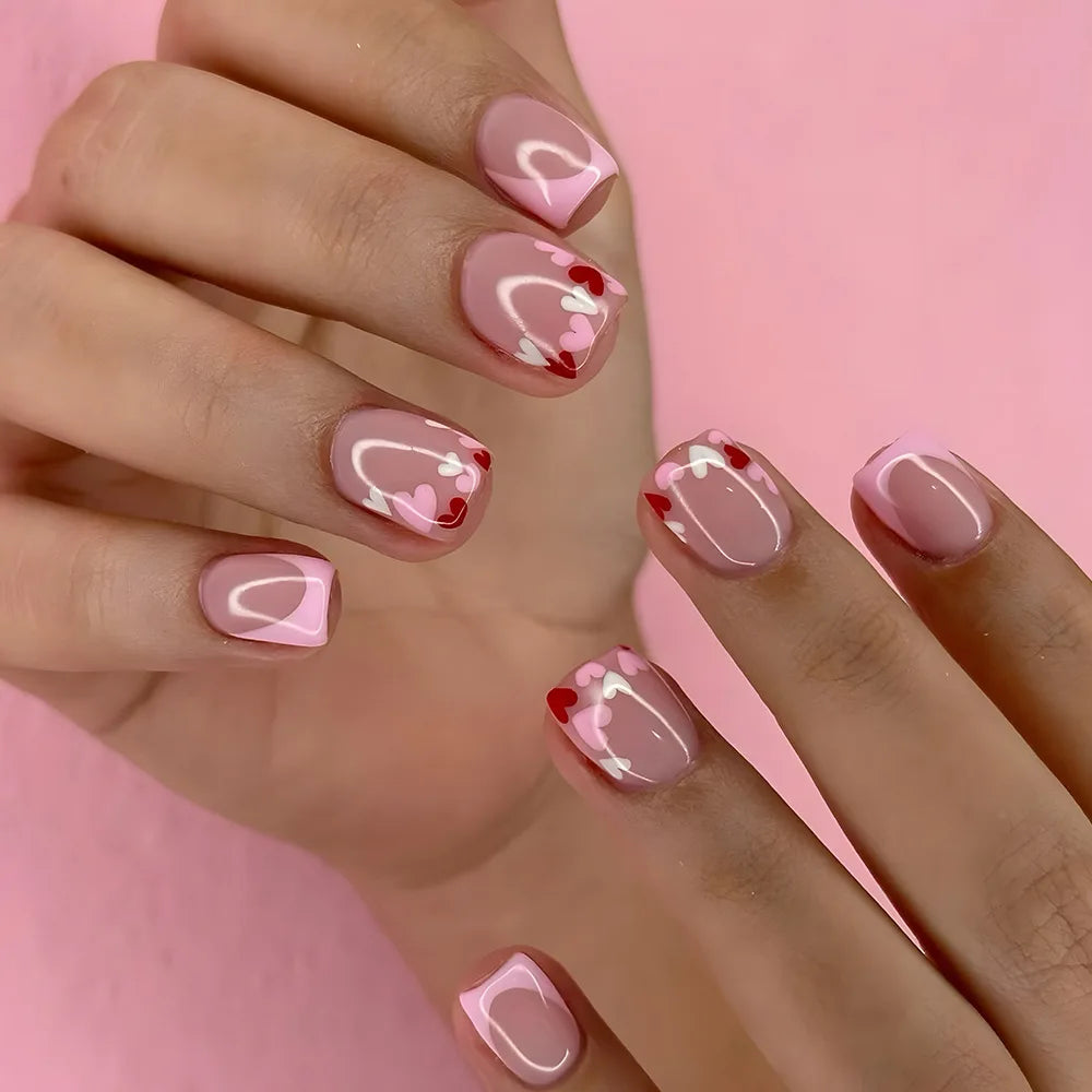 24-Piece Short Nude Square French Press-On Nails – Colorful Flower Design