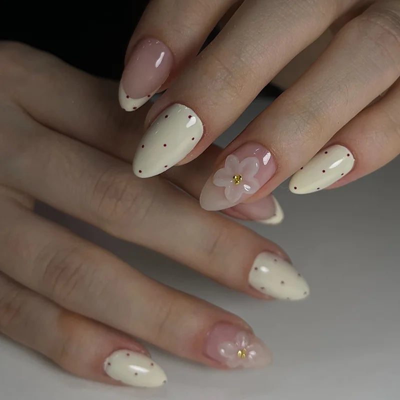 24-Piece Short Almond Pink Smudge Press-On Nails – 3D Flower & Pearl