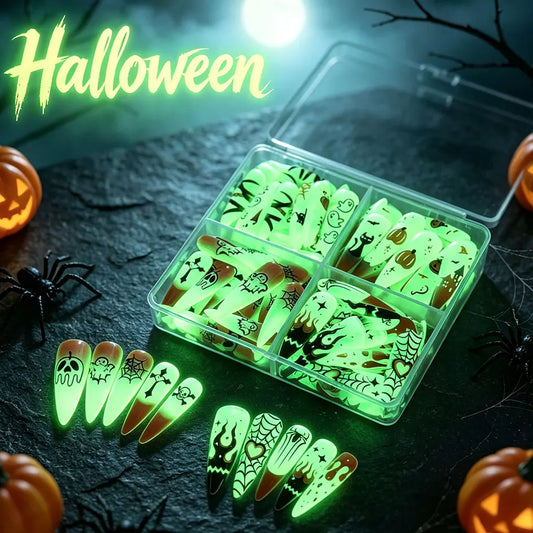 glow‑in‑the‑dark Halloween press‑on nails featuring 3D ghost and pumpkin designs — long almond shape.