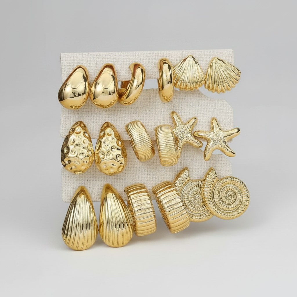 Gold Earrings Set - 9 Piece