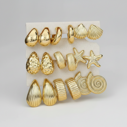 Gold Earrings Set - 9 Piece