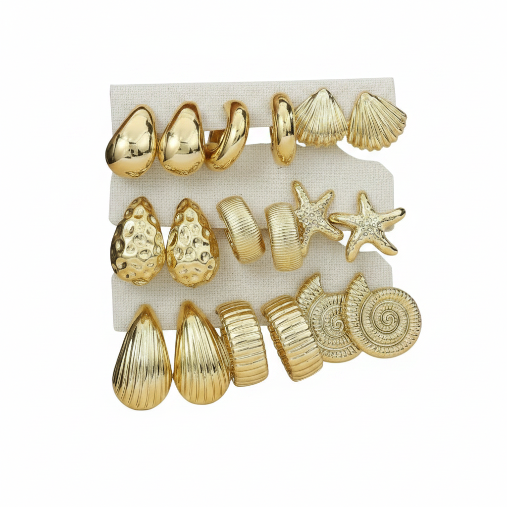Gold Earrings Set - 9 Piece