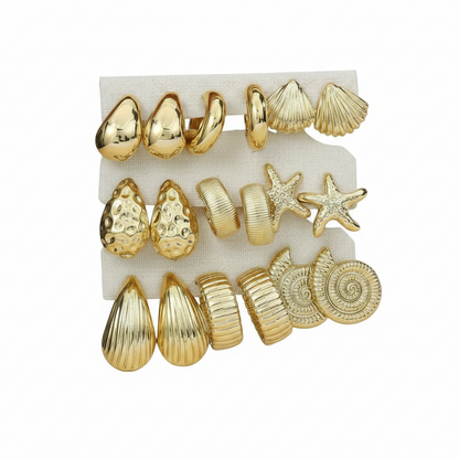 Gold Earrings Set - 9 Piece