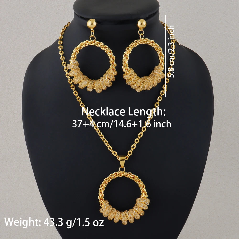 Gold necklace and earrings set on a black mannequin with measurements and weight displayed.
