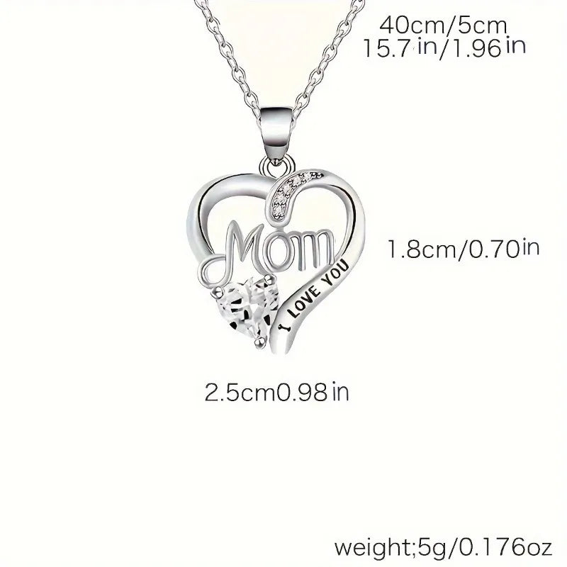 Silver 'Mom I Love You' heart-shaped pendant with measurements on a white background