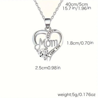 Silver 'Mom I Love You' heart-shaped pendant with measurements on a white background