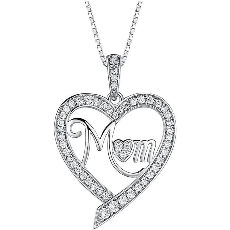 Heart-shaped pendant with 'Mom' engraving on a white background