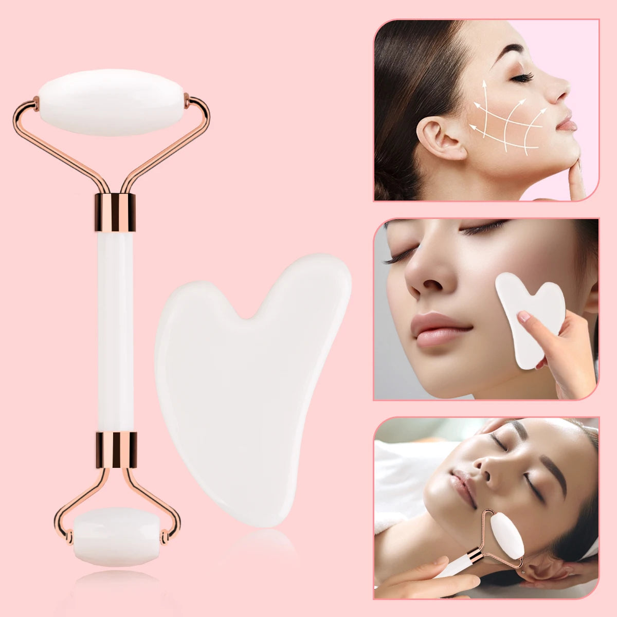 Facial roller and gua sha tool with images of a woman using them on a pink background