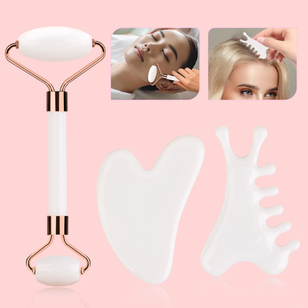 White facial roller and gua sha tools on a pink background