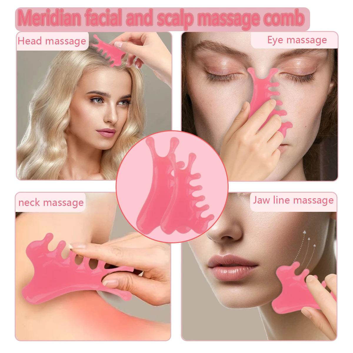 Pink meridian facial and scalp massage comb with usage instructions on a white background