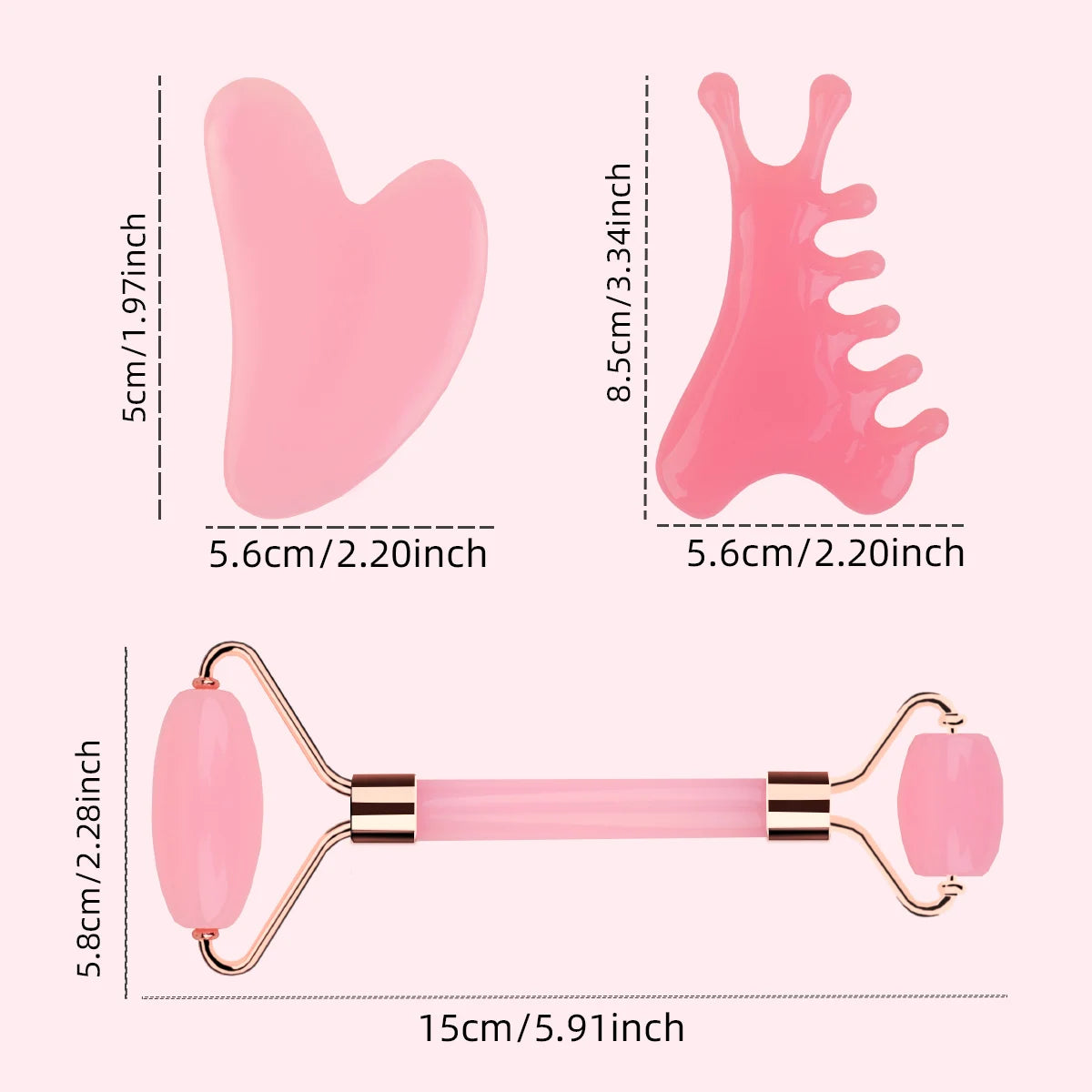 Set of pink skincare tools with measurements on a white background