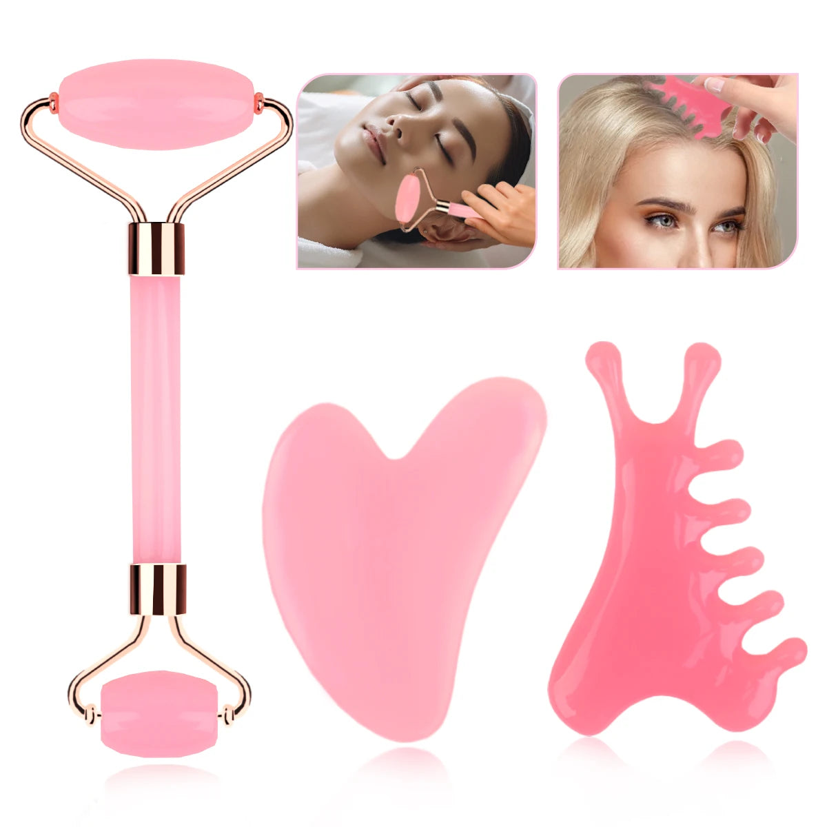 Pink facial roller and gua sha tool with inset images of use on faces.