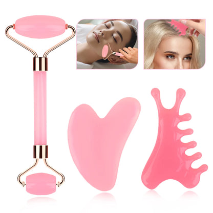 Pink facial roller and gua sha tool with inset images of use on faces.