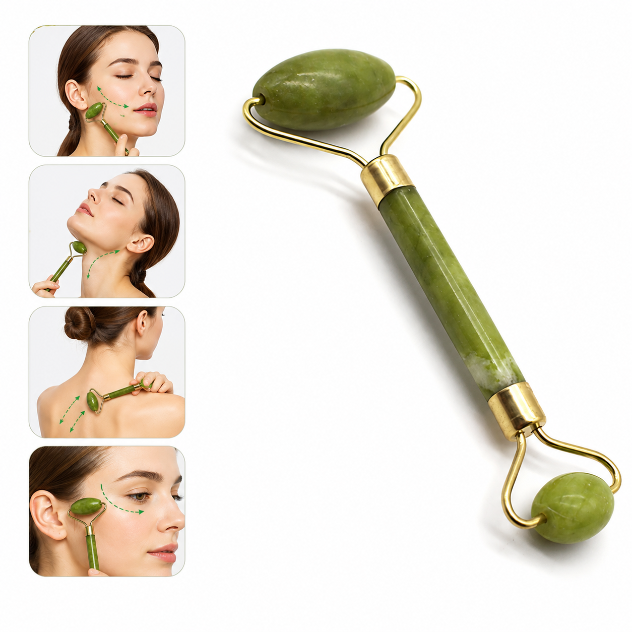 A jade roller massage tool with a green stone handle and gold metal ends, shown on a white background with four inset photos of a woman using it on her face, neck, shoulder, and back.