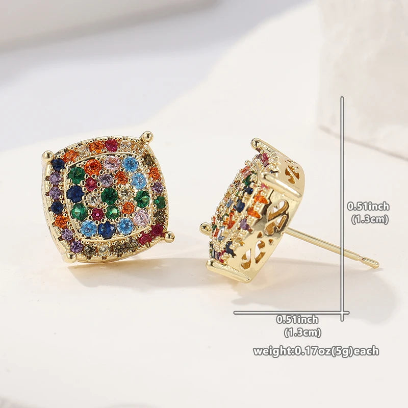 A pair of gold square stud earrings with a colorful gemstone border, shown on a white background with dimension lines and weight text indicating 0.51 inch by 0.