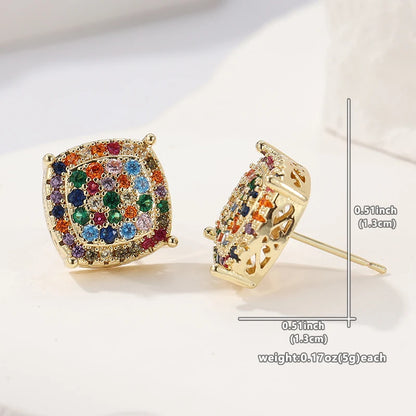 A pair of gold square stud earrings with a colorful gemstone border, shown on a white background with dimension lines and weight text indicating 0.51 inch by 0.