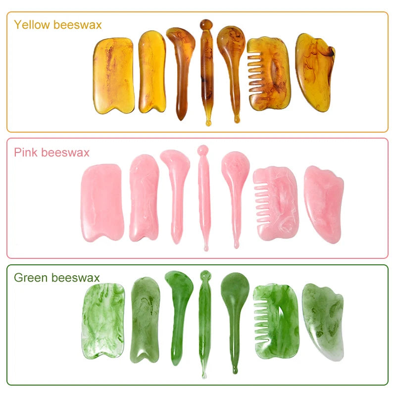 Three sections showing yellow, pink, and green beeswax products including tools and combs.