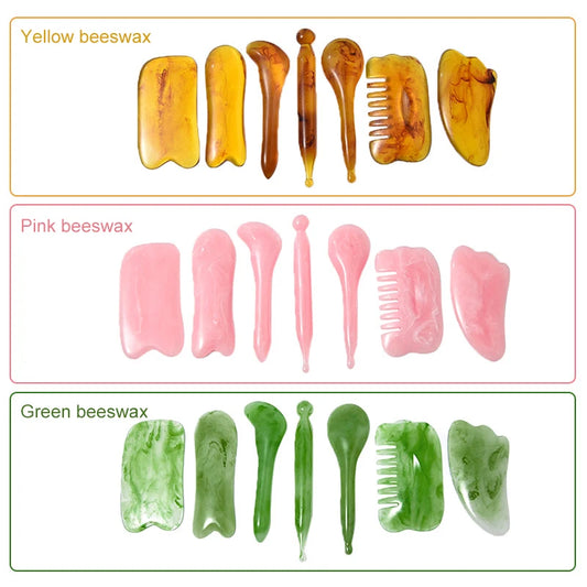 Three sections showing yellow, pink, and green beeswax products including tools and combs.