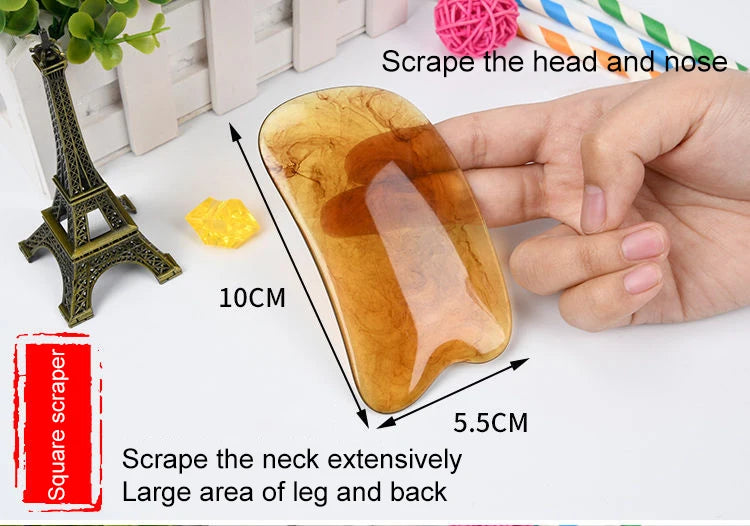 Hand holding a beeswax tool with text on its use and dimensions, set against a decorative background.