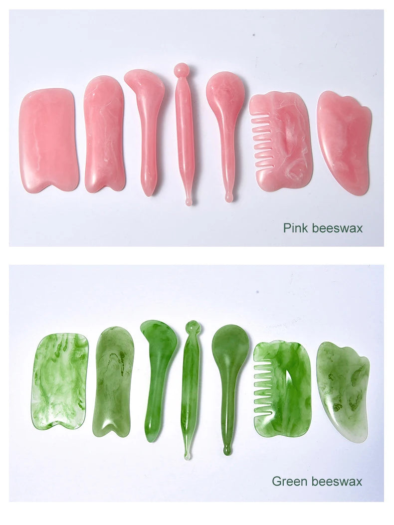 Pink and green beeswax products displayed on a white background