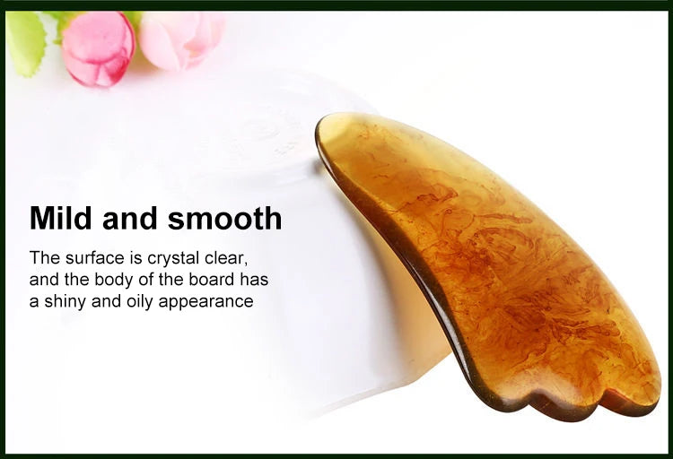 Gua Sha tool with text describing its surface and body appearance on a white background.