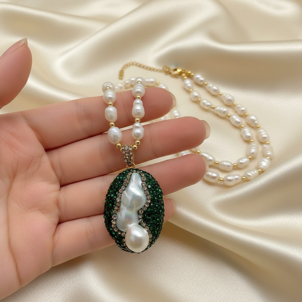 A hand holds a pearl and crystal pendant necklace against a draped cream satin fabric background. The necklace features a gold chain, white baroque pearls, and a large oval pendant with white pearls set in dark green crystal.