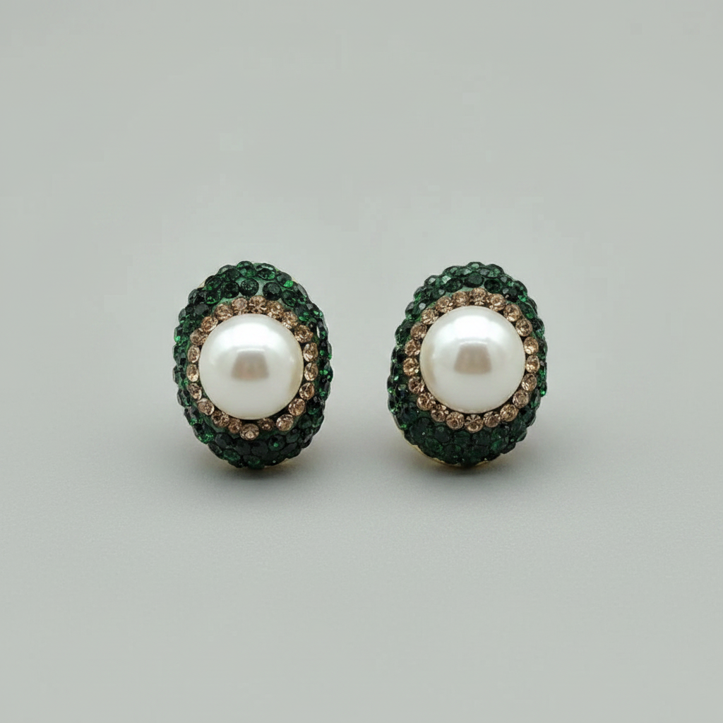 A pair of oval stud earrings featuring a central white pearl surrounded by a halo of dark green stones and a border of small clear crystals, set against a plain light gray background.