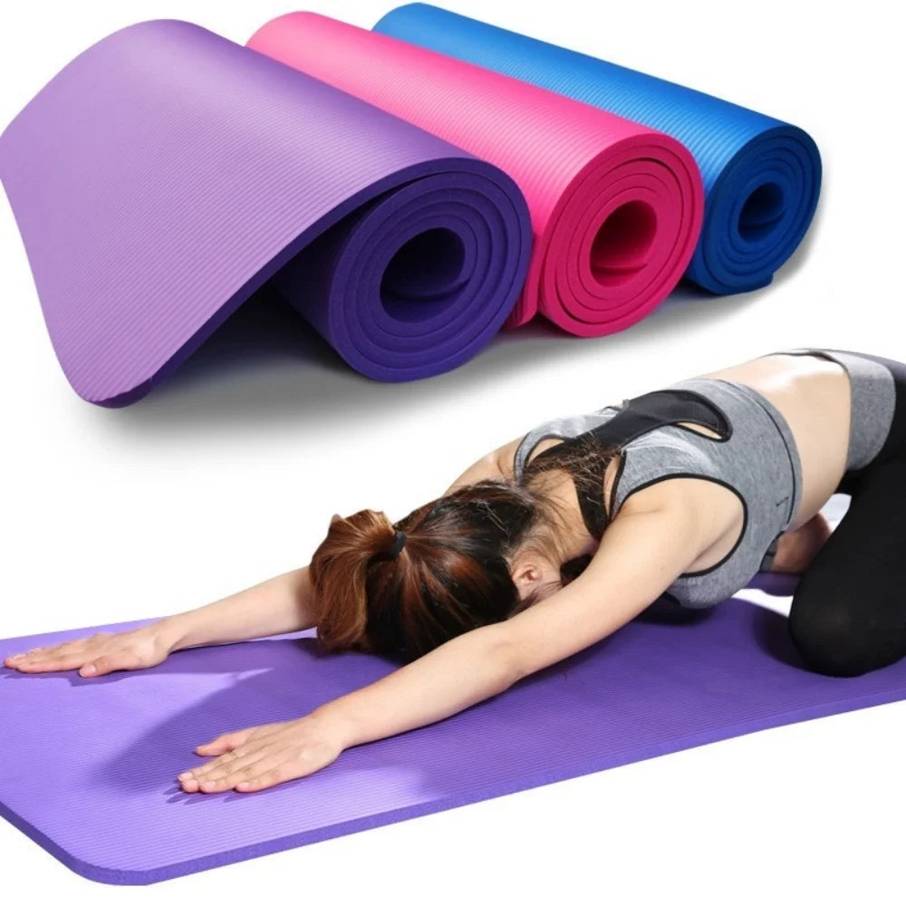 Purple yoga mat with a woman stretching on it, and additional mats in purple, pink, and blue above.