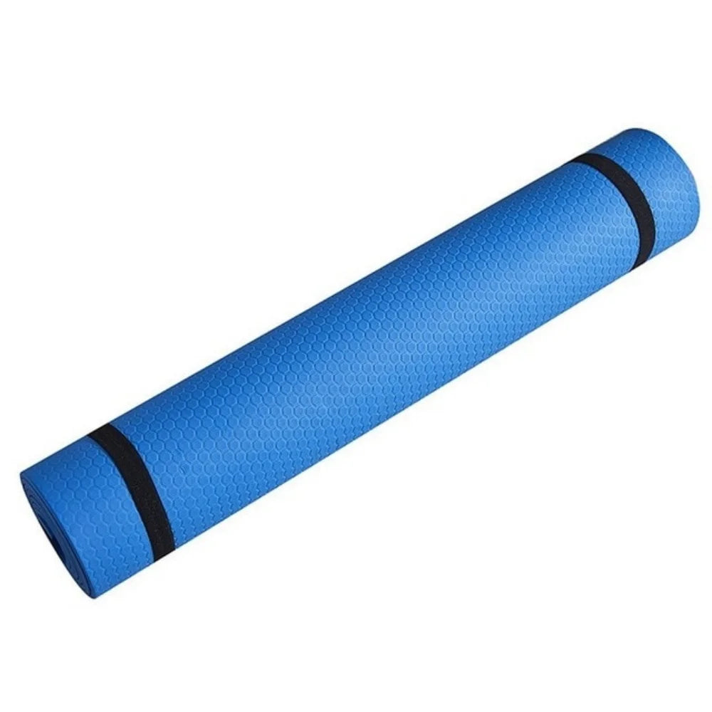 Blue yoga mat with black bands on a white background
