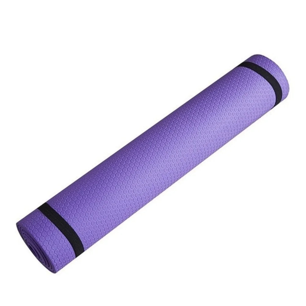 Purple yoga mat with black bands on a white background