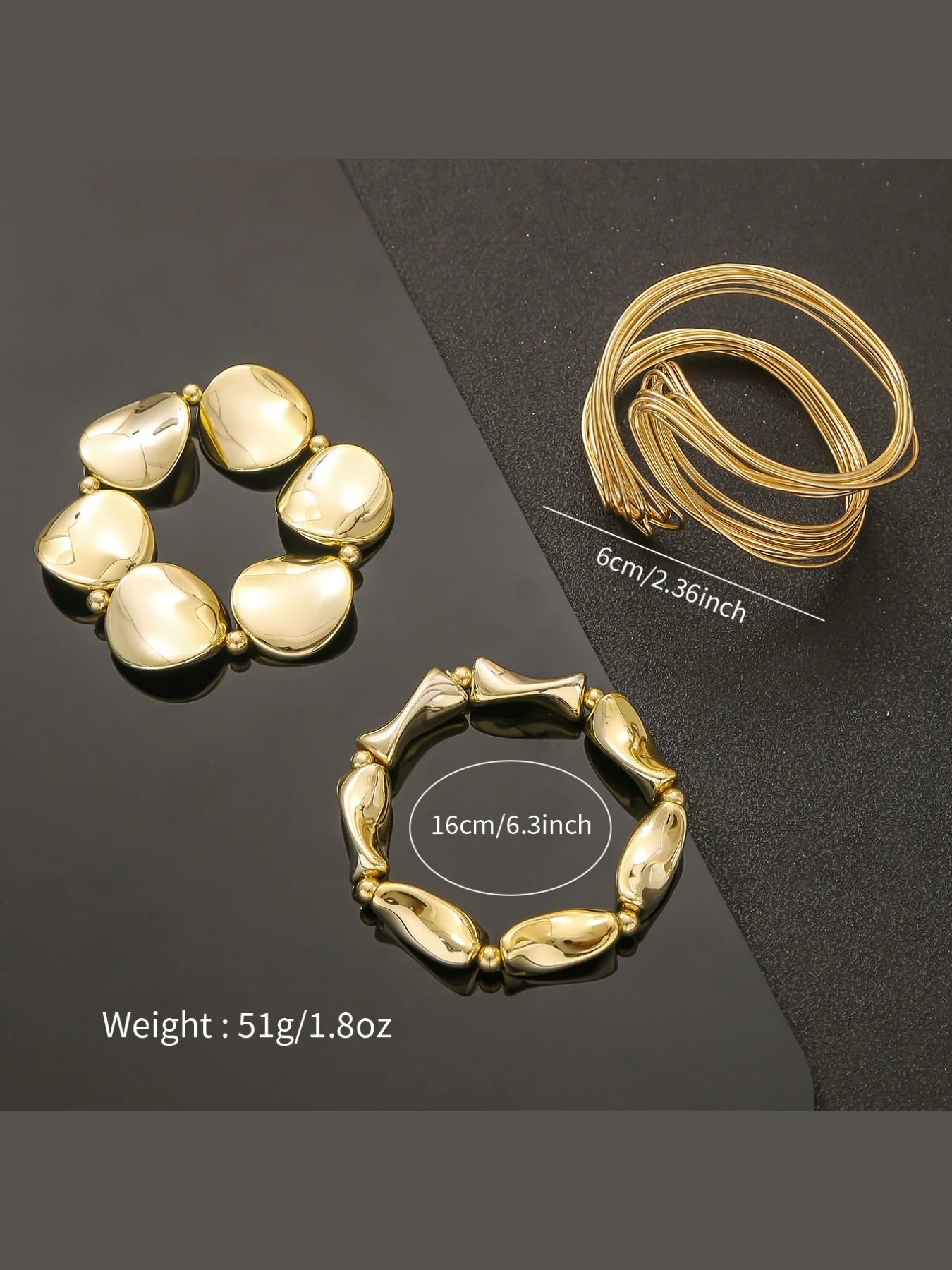 Gold bracelet with measurements and weight details on a dark background