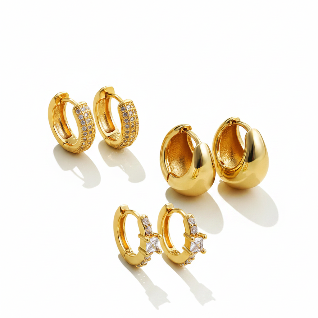 Round Zircon Earrings Gold Plated - 3 pair