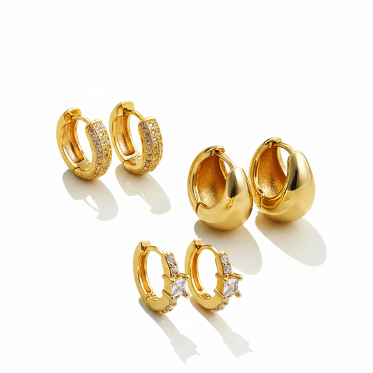 Round Zircon Earrings Gold Plated - 3 pair