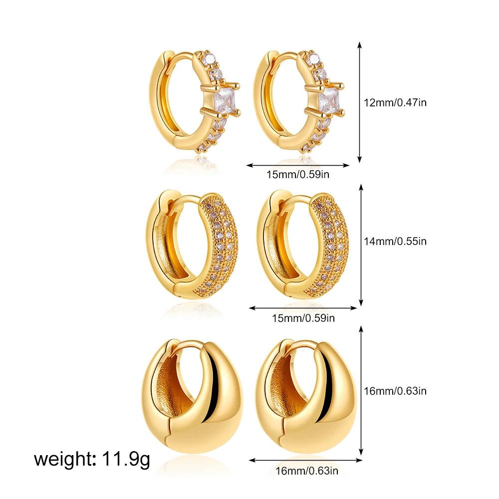 Gold hoop earrings with measurements on a white background