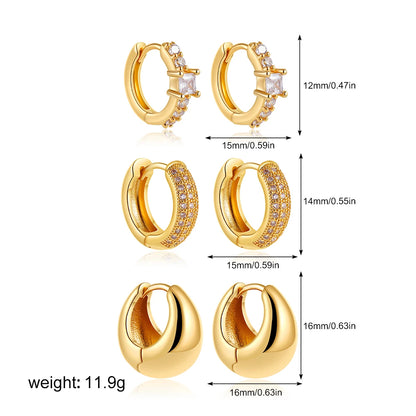 Gold hoop earrings with measurements on a white background