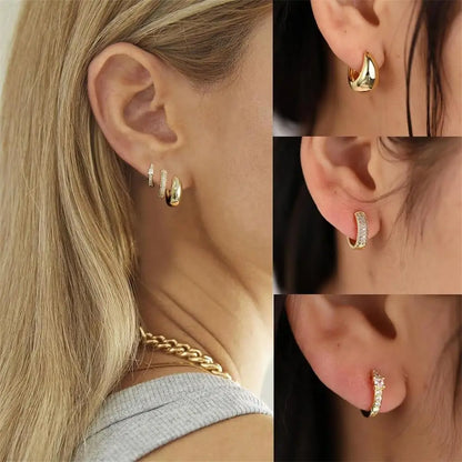Collage of gold hoop earrings worn by a person with close-up details.
