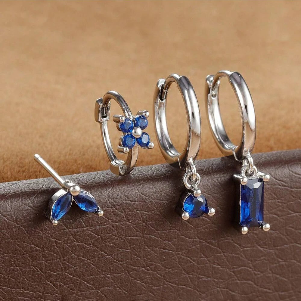 Cubic Zirconia Flower Hoop Earring Studs- 4 Piece