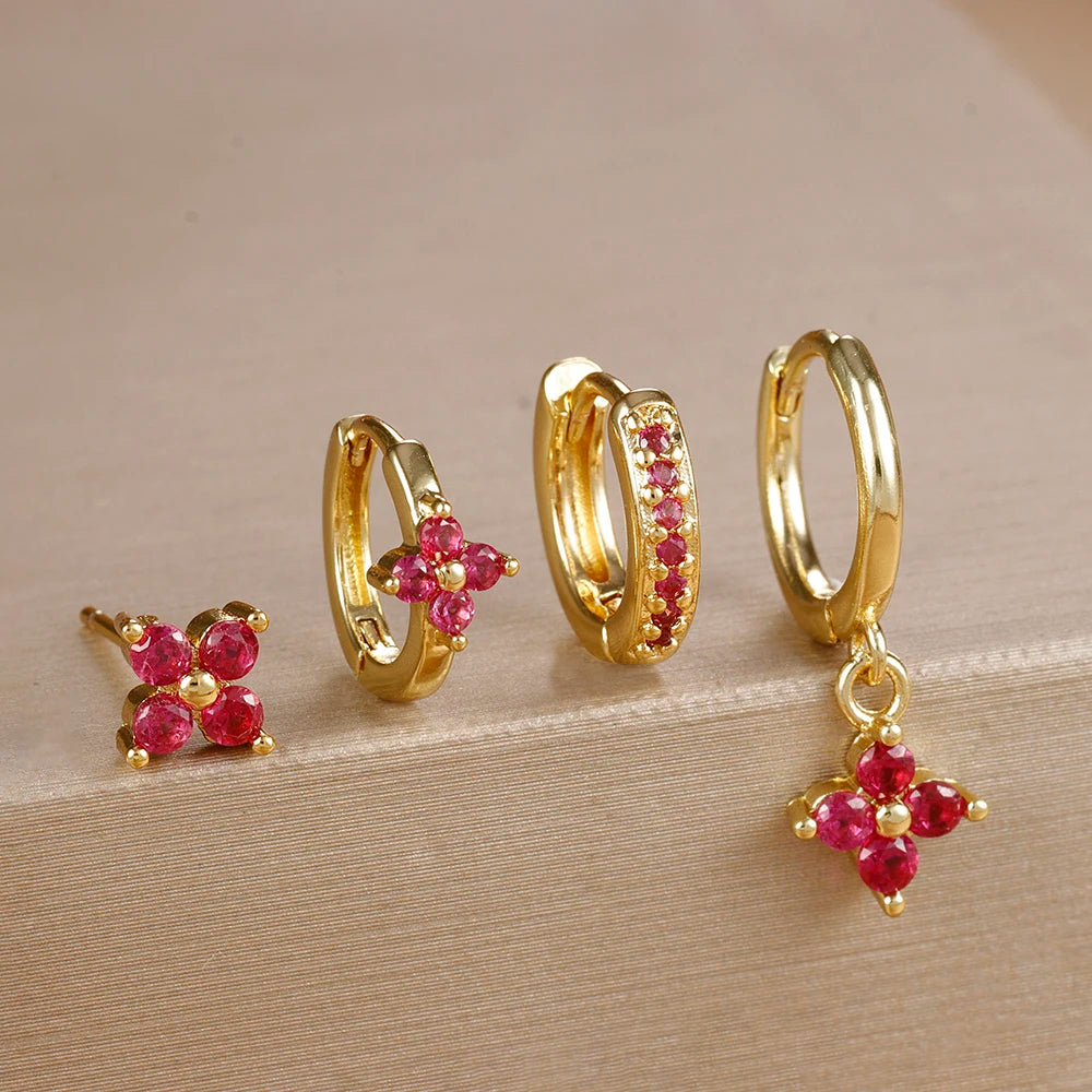 Cubic Zirconia Flower Hoop Earring Studs- 4 Piece