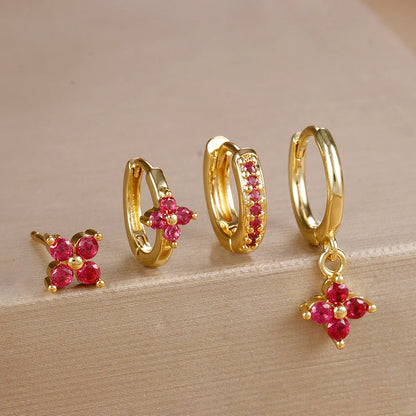 Cubic Zirconia Flower Hoop Earring Studs- 4 Piece