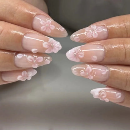 24-Piece Mid-Length Almond Yellow French Press-On Nails – 3D Flower & Pearl