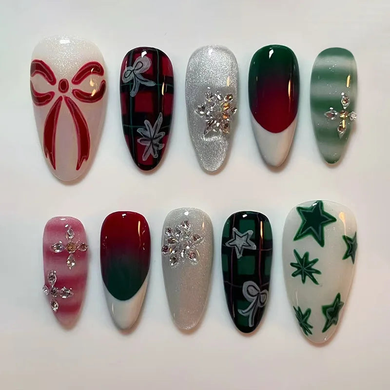 Christmas Theme - Red Glitter Leaf Press-On Nails — 24-Pieces