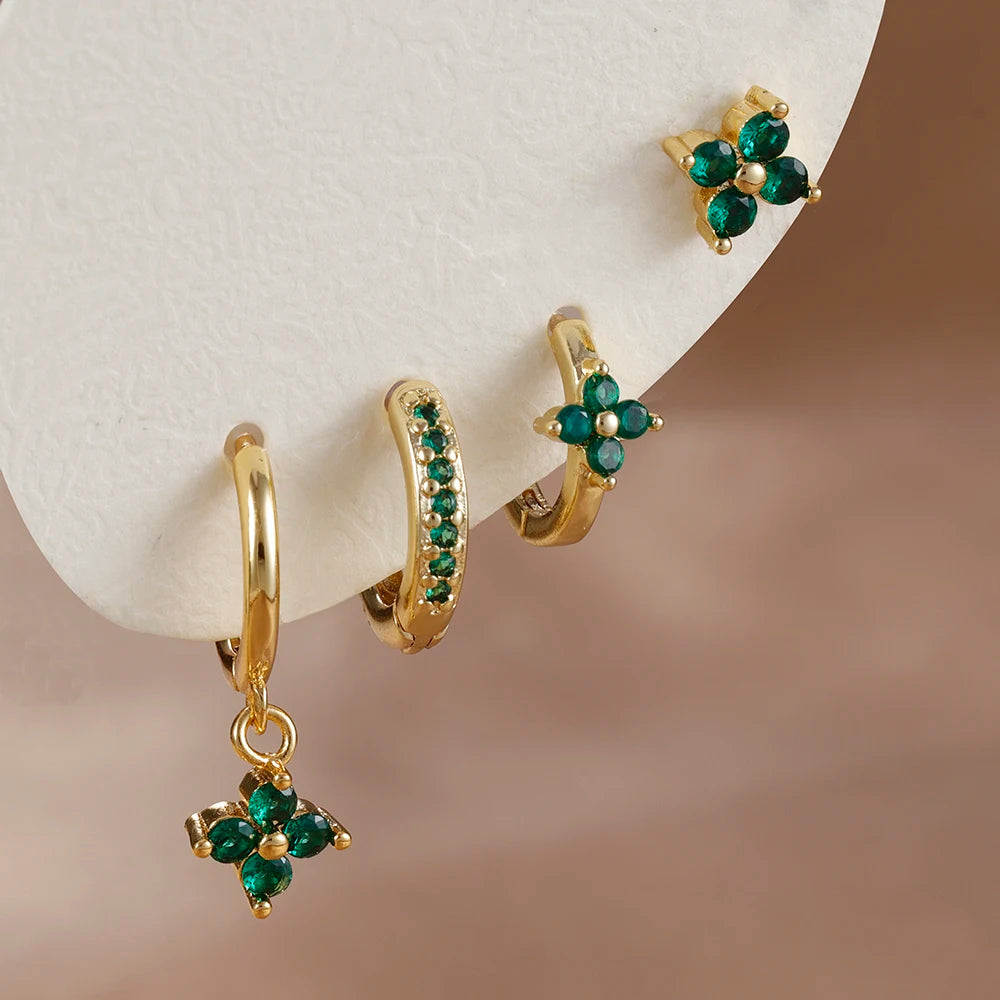 Cubic Zirconia Flower Hoop Earring Studs- 4 Piece